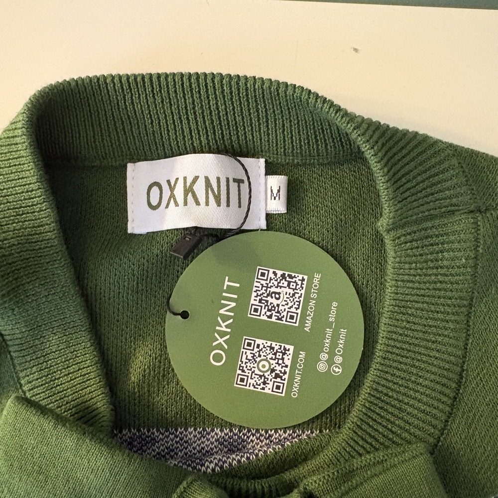 NWT OXKNIT 100% Cotton Green Patterned Bow Neck Knit Sweater Size M Preppy Twee - Picture 3 of 10